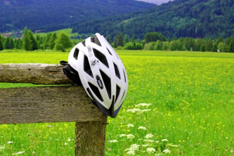 Eurobike helmet on a wooden fence