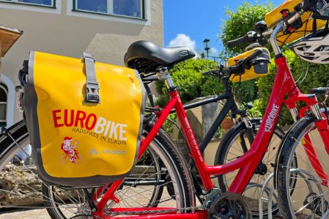 Eurobike rental bike with yellow saddle bag