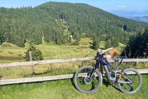 E-mountain bike in front of mountain panorama