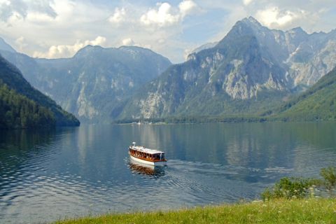 Boat at Lake Königssee with mountain scenery