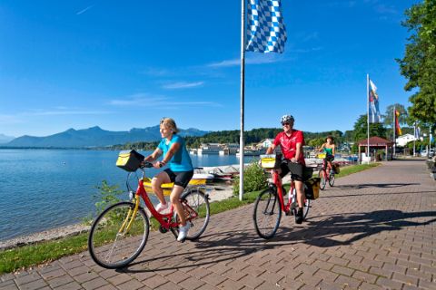 Eurobike cyclists on promenade in Prien at Lake Chiemsee