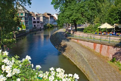 Kanal schlängelt sich vorbei an Fachwerkhäusern im Elsass