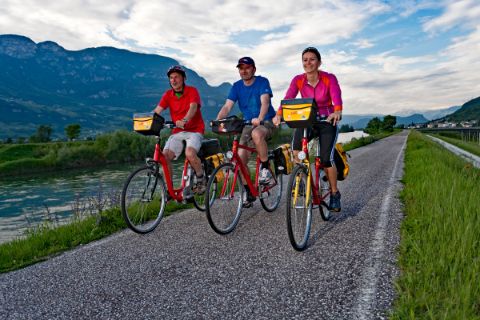 Cyclists biking along the river Adige