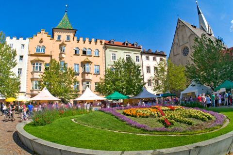 Blumenschmuck auf Platz in Brixen