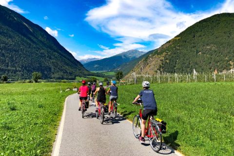 Radfahrer radeln am Talradweg in Südtirol