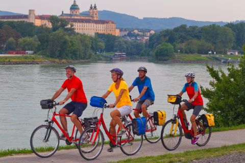 Cyclists on the Danube Cycle Path with Abbey Melk