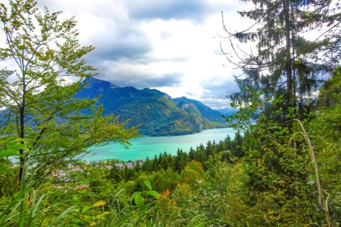View on Lake Wolfgangsee with mountain panorama