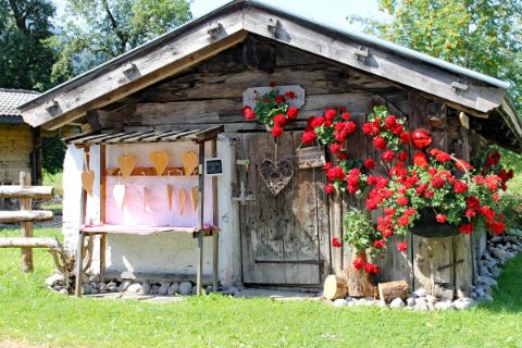 Kleine Holzhütte mit roten Blumen
