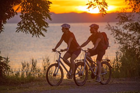 Radfahrer am Bodensee bei Sonnenuntergang