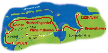 Karte Nordseeküstenradweg Emden-Cuxhaven