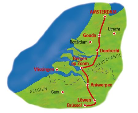 Karte Amsterdam - Brüssel