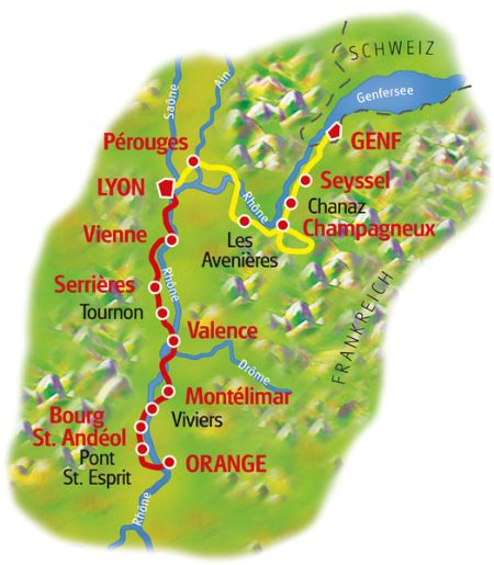 Karte Rhone-Radweg Genf - Lyon - Orange