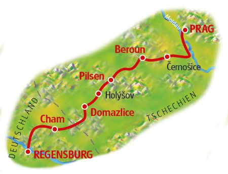 Karte Regensburg - Prag