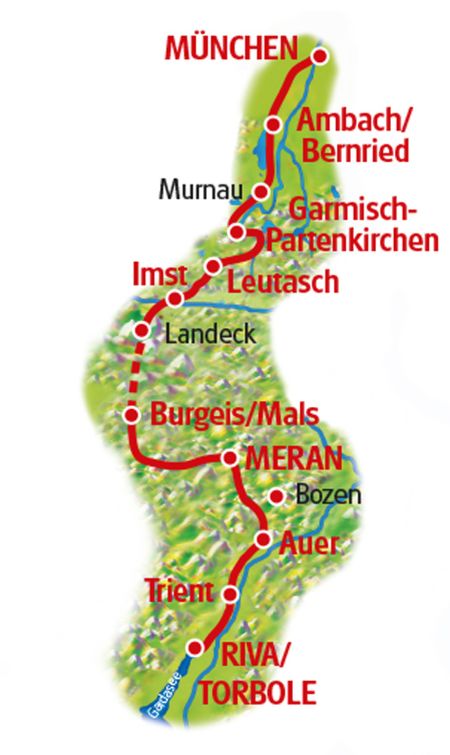 Radtour München - Meran - Gardasee - Karte