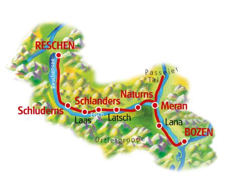 Etsch-Radweg für Familien - Reschen - Bozen, Karte