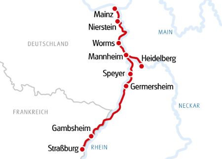 Rad und Schiff Mainz - Straßburg - Karte