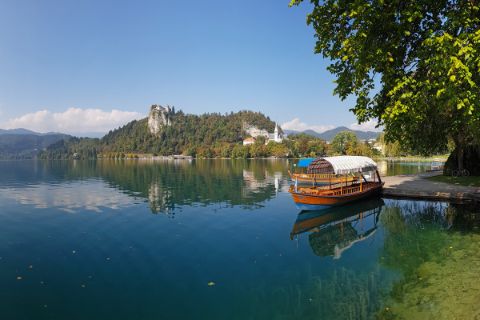 Pletna boat on the Bleder Lake in Slovenia