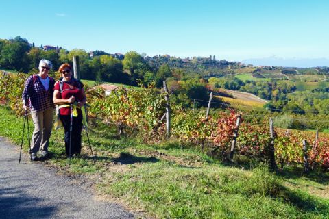 Frau Schreiner und Freundin vor den farbenfrohen Weinreben des Piemont