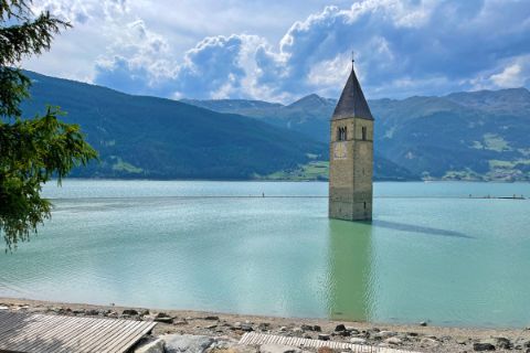 The sunken church tower in the Reschensee