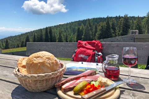Typical food on the alp with a Vernatsch wine while hiking in South Tyrol