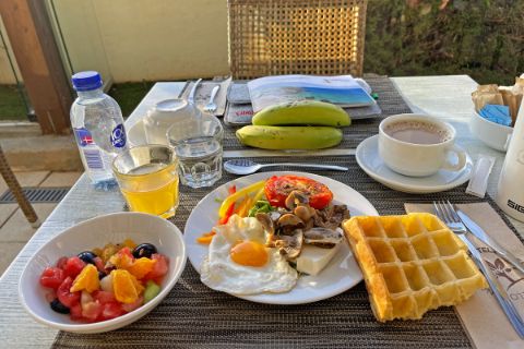 Frühstück mit Obstsalat und Waffel