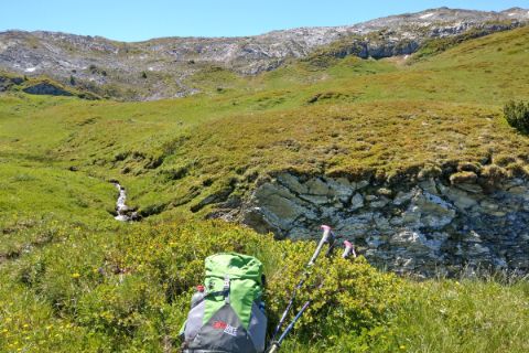 Alp with small stream and green backpack and hiking stick<br/>