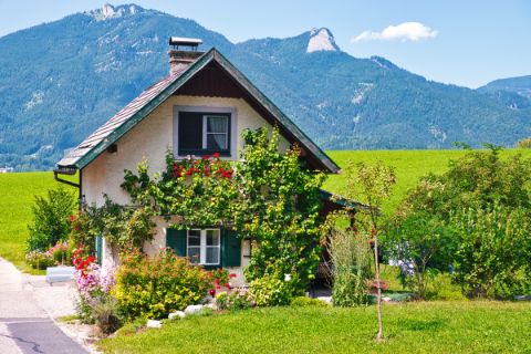 Idyllic house by the wayside with mountain panorama in the background