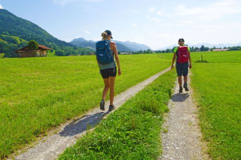 Hiker on a good hiking trail through green meadows in Bavaria