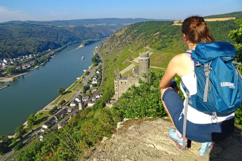 Panoramic view with a hiker on the Rheinsteig
