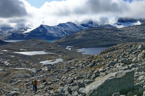 Rocky hiking trails to the mountain lakes in Jotunheimen National Park