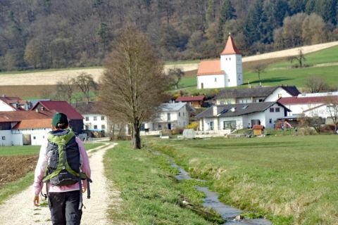 Wanderer unterwegs am Altmühltal Panoramaweg