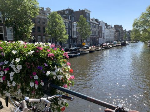 Blick auf ein Kanal in Amsterdam mit Blumen auf der Brücke.