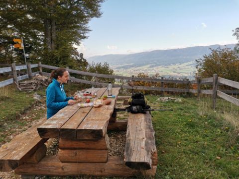 Ein grosser Holztisch steht auf einer Anhöhe im Wald mit Aussicht über das Tal. Eine Frau ist ihre Picknick und geniesst den Ausblick. 