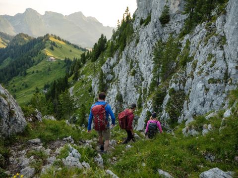 Hikers walk down the path into the Gruyère region.