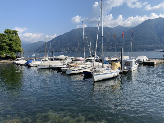 Blick auf einen kleinen Steg mit mehreren Segelbooten auf dem Lago Maggiore