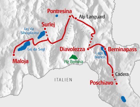 Die Wandertour Bernina Tour von Eurotrek startet in Poschiavo und endet in Maloja.