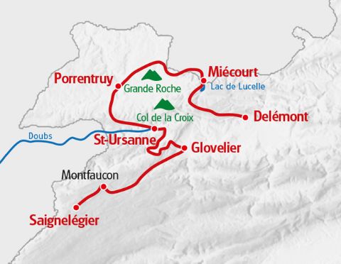 Karte von Saignelégier bis nach Delémont. Chemin du Jura. Wanderferien bei Eurotrek