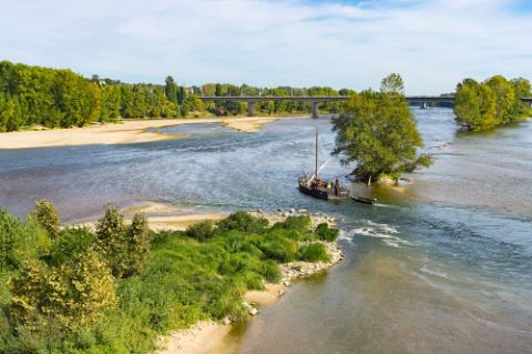 Man sieht auf die Sandbänke des letzten Wildflusses Europas, der Loire. Schlösser der Loire. Veloferien mit Eurotrek.