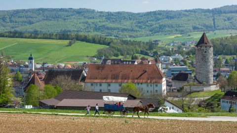 Deux piétons marchent derrière une roulotte bleue ouverte devant laquelle est attelé un cheval marron. Le tout devant un paysage ensoleillé du Jura.