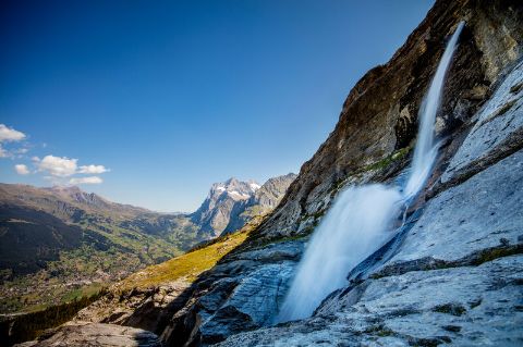 Thundering Sandbach Falls near Lauterbrunnen. Hut trekking in the Bernese Oberland. Hiking vacations with Eurotrek.