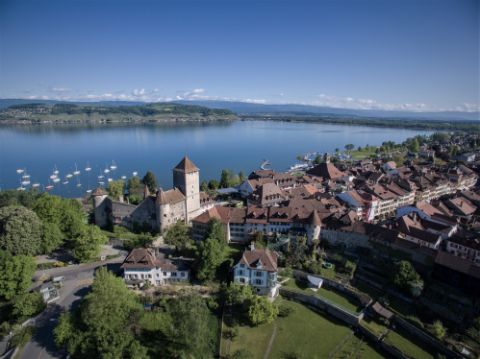 View of Murten during the Trans-Swiss-Trail. Hiking holidays with Eurotrek.