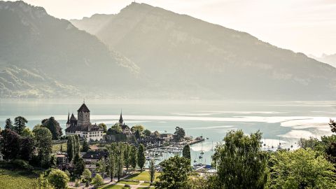 Aerial view of Spiez Castle on Lake Thun.