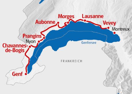 Karteneinzeichnung des Alpenpanoramaweg von Montreux bis Genf