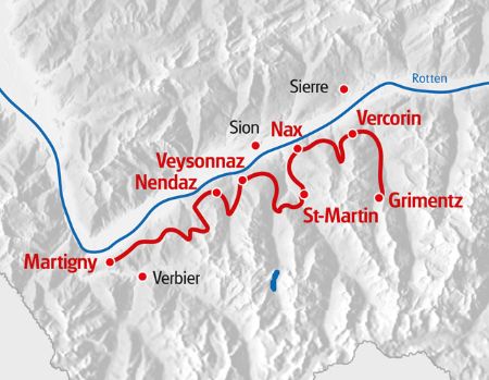 Chemin des Bisses Route in rot auf der Karte markiert