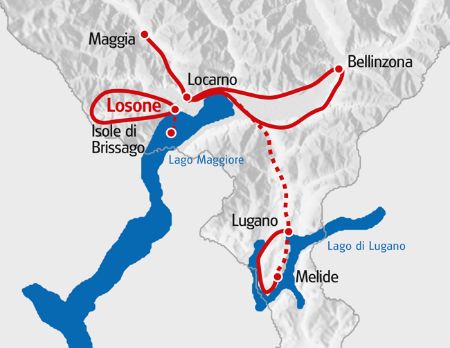 Die Velotour Sternfahrt Lago Maggiore von Eurotrek startet in Losone und führt bis nach Lugano.