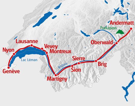 Zeichnung einer Route von Andermatt nach Genf
