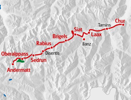Routenkarte für die Tour von Chur nach Andermatt