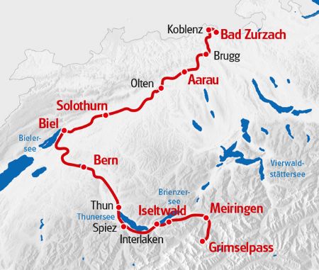 Die Velotour Aare Route von Eurotrek startet auf dem Grimselpass und führt der Aare entlang bis nach Bad Zurzach.