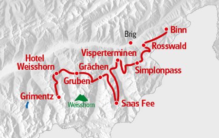 Karte Alpenpässe Weg Binntal - Grimentz Route in roter Farbe markiert. 