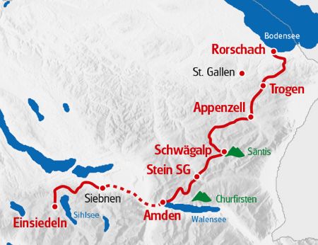 Karte Alpenpanaramaweg Rorschach - Einsiedeln